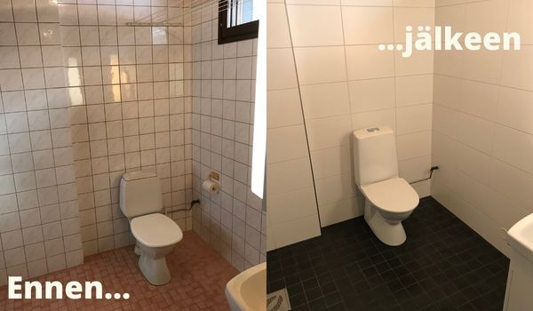 kylpyhuone ennen ja jälkeen remontin
